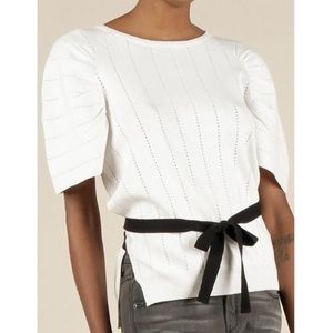 Current Air White Puff Sleeve Eyelet Sweater